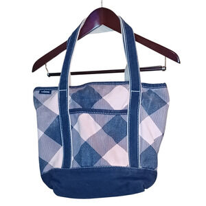 Lands' End 12" Blue and Light Pink Checkered Canvas Tote Bag